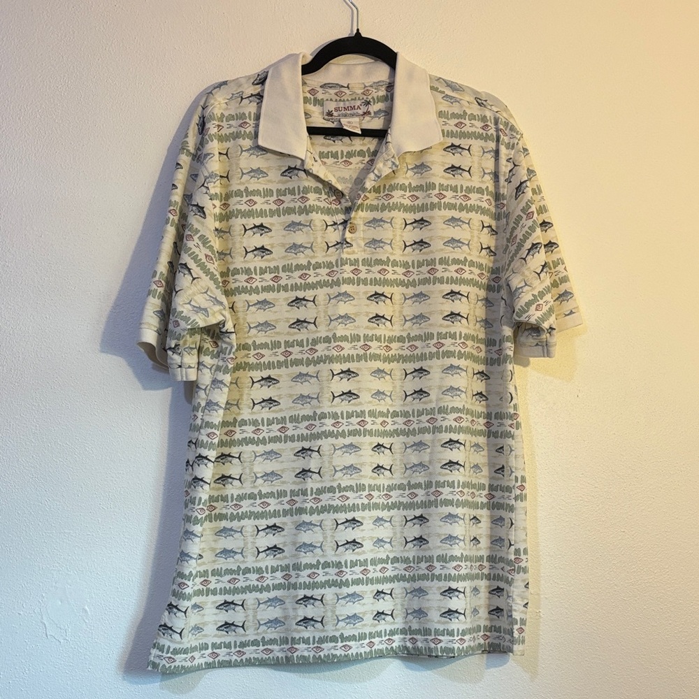 Summa Men's XL Fish Pattern Polo Shirt - White and Blue